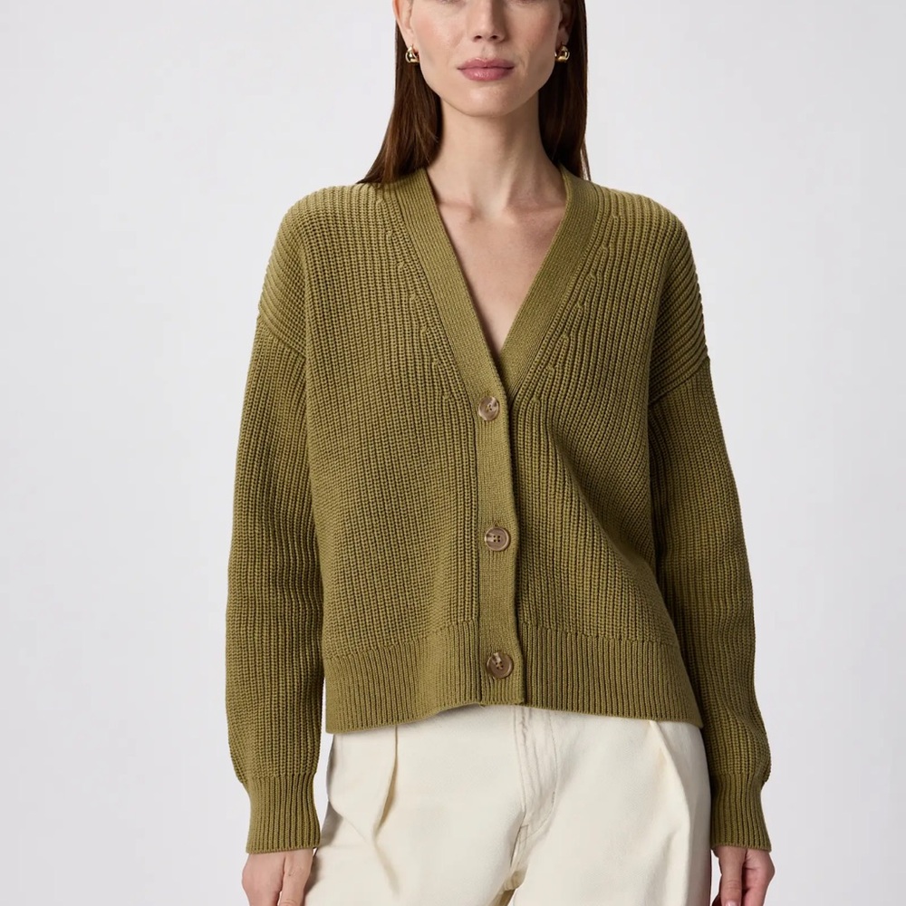 Quince Organic Cotton Fisherman Boxy Cropped Cardigan, Herb Green